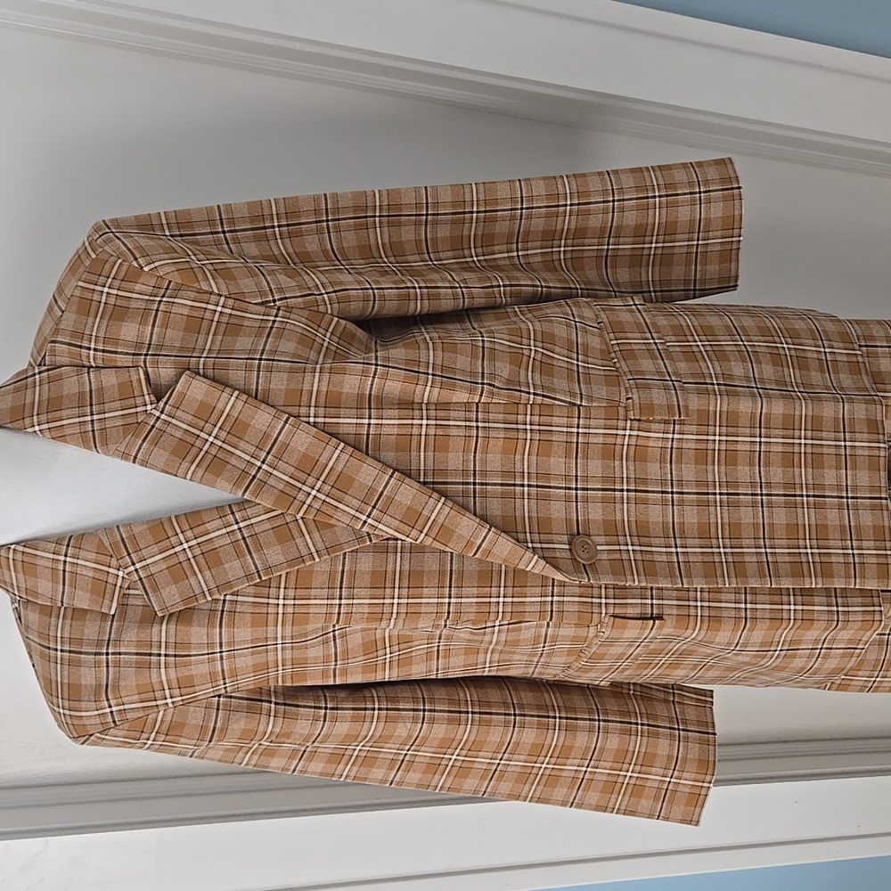 Melrose and Market Tan Plaid Houndtooth Wide Leg Pant Oversized Blazer Suit M - Picture 9 of 12